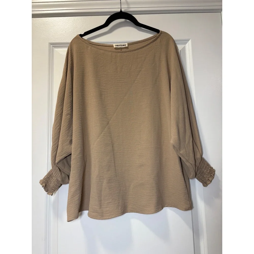 Charlotte Avery Womens Tan Boat Neck Smocked Cuff Dolman Blouse Top Medium - Picture 4 of 6